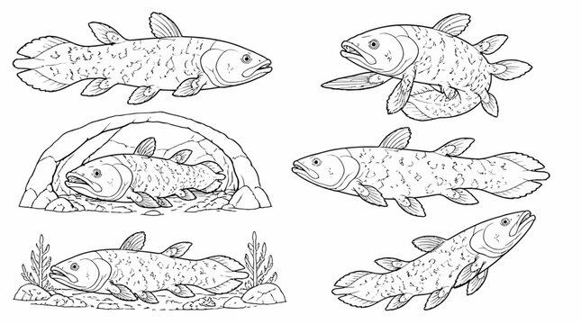 Coelacanth Fish Collection Line Art Illustration
