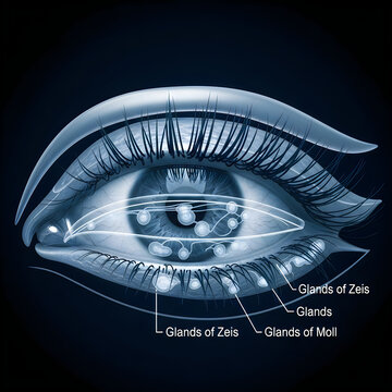 Anatomy of eye, detailed illustration, blue, eye anatomy, glands of Zeis, medical