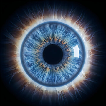 Blue eye, human iris, close-up, detailed texture, vibrant colors