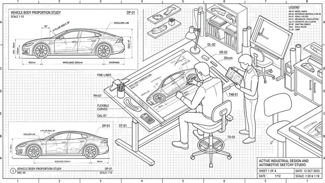 Technical blueprint of industrial design studio showing automotive engineers working on vehicle body proportion concepts