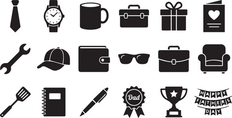 Father's Day gift icons collection featuring tie watch wallet tools trophy greeting card and appreciation symbols isolated vector set © Milon