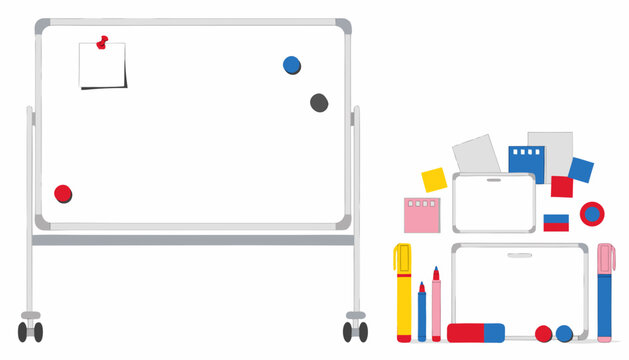 Vector illustration of a wheeled whiteboard with office supplies and sticky notes isolated on transparent background