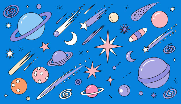 Vector illustration of whimsical space collection with planets and stars on blue background