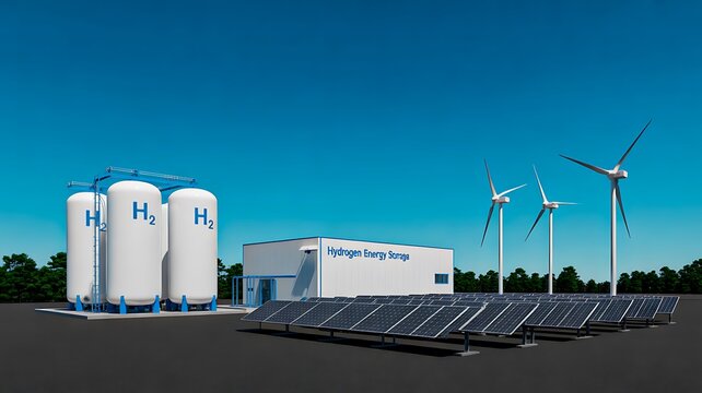 Green hydrogen energy storage tanks with solar panels and wind turbines under blue sky