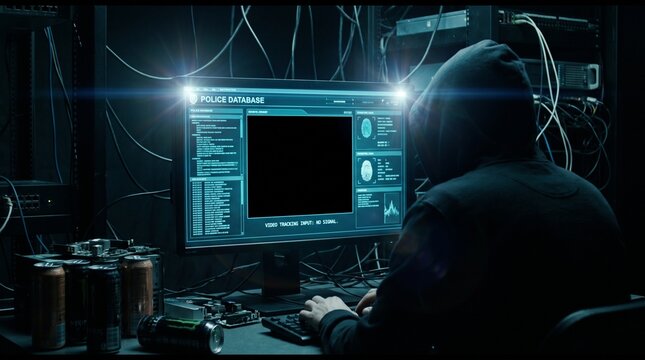 Hacker accessing police database on computer with cables and hardware around in a dark room.