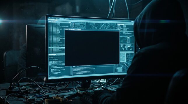 Hacker sitting at a desk with a glowing computer screen displaying a police database in a dark room.
