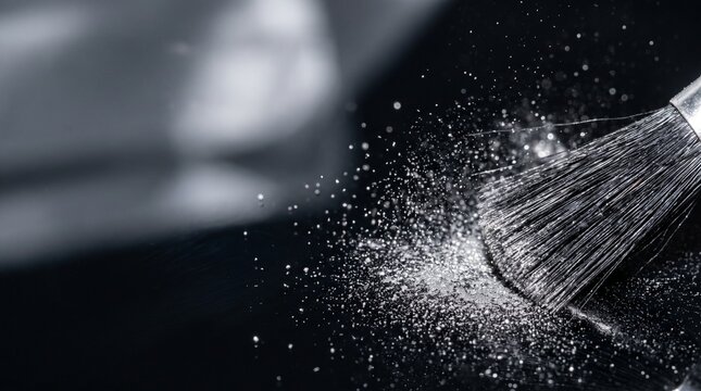 Macro view of forensic dusting brush with flying silver powder.