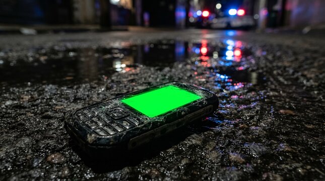 Old cell phone with cracked screen on wet asphalt at night with police car in background.