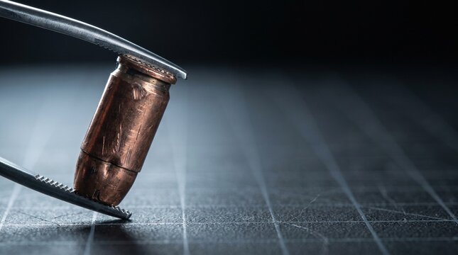 Metal forensic tweezers holding single copper bullet casing over black grid surface for analysis.