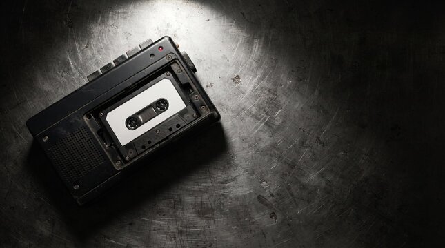 Old portable cassette recorder with audio tape cassette on scratched metal background.