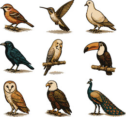 Vintage Bird Icon Set Collection in Retro Flat Vector Style Featuring Songbirds, Tropical Birds and Water Birds vol.4 © DumbCasso