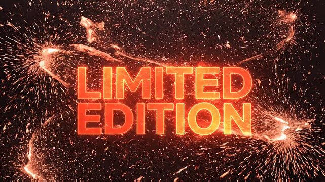 Vibrant limited edition text glowing amidst a burst of orange fire sparks and golden particles
