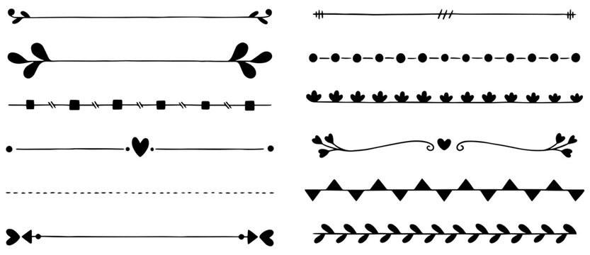 Collection of hand-drawn black decorative dividers and ornaments with transparent background