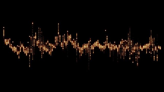 Golden glowing particle audio waveform equalizer loop on black. Abstract 4K technology animation background effect.