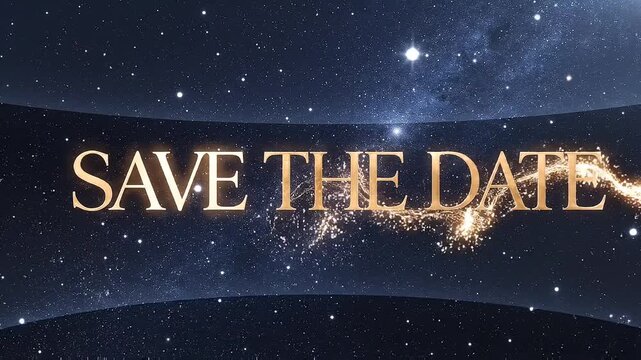 Elegant golden Save the Date text floating against a deep blue starry night sky galaxy