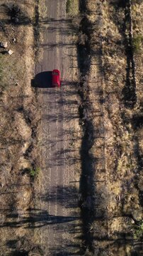 Overhead aerial vertical tracking a red car driving along a dusty dirt road through dry brush in the countryside of Aguascalientes, Mexico.