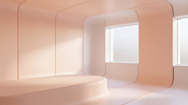 minimal empty pastel peach pink room curved walls bright window abstract 3d interior design soft lighting cosmetic product presentation podium blank space