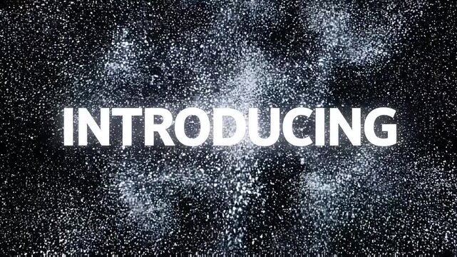 Cinematic white text word introducing appearing with a dynamic explosion of particles on black background
