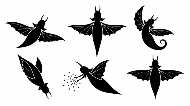 Set of flying fairy silhouettes with magical dust in black and white