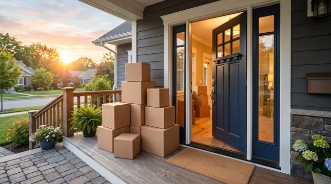 Cardboard moving boxes stacked on the porch of a new home at sunset, symbolizing moving day and new beginnings.