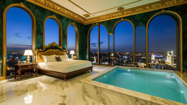 Luxurious bedroom with a pool, overlooking a city at dusk, with ornate gold trim