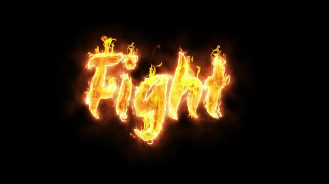 Fight word burns with bright fire on dark background.