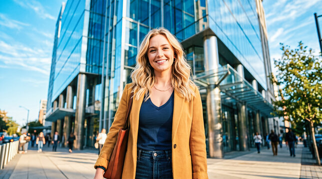 Beautiful smiling blonde female corporate professional wearing stylish yellow jacket walking confidently down sunny modern downtown business district street looking at camera