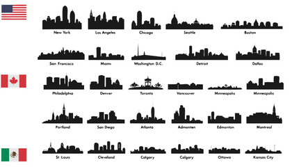 Obraz premium North American City Skyline Silhouette Set USA Canada Mexico Landmark Vector Collection