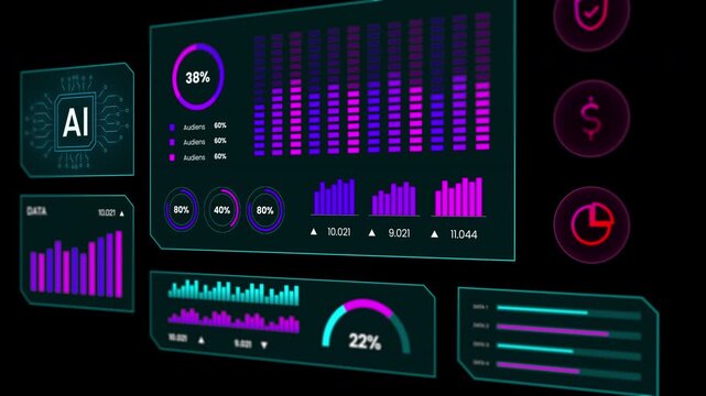 Visual representation of cloud server AI metrics and data transfer within a futuristic digital interface.