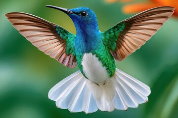 Fototapeta premium Blue-green hummingbird with white belly hovering in midair with wings fully spread over garden background