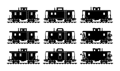 Set of 9 Black Train Caboose Silhouettes, Vintage Railway Cars, Retro Transportation Icons, Industrial Freight Vehicles, Classic Railroad End Cars © Abdulllah