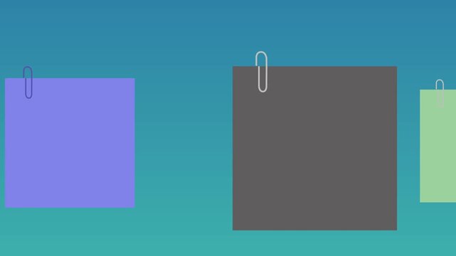 Animation Sticky note paper set attached with paper clip. Blank paper sheets or sticky notes on gradient background. Colorful memo for reminders, task management, and pinboard. 
