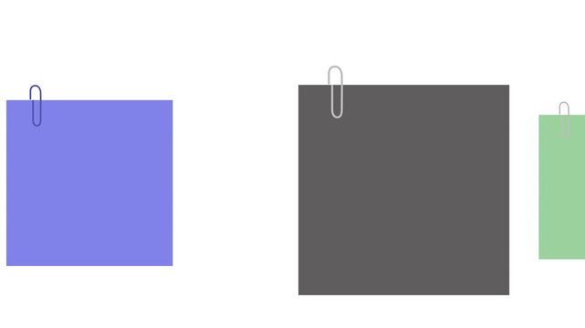 Animation Sticky note paper set attached with paper clip. Blank paper sheets or sticky notes on white background. Colorful memo for reminders, task management, and pinboard. 

