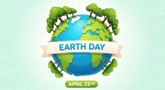 Earth Day illustration with a green planet globe and trees for nature event