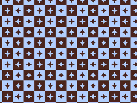 Retro dark brown and light blue checkerboard seamless pattern with starbursts. Groovy 70s background for alternative apparel, tote bags, stationery, and digital paper