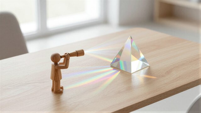Wooden figure peers through telescope, casting rainbow light onto crystal pyramid.