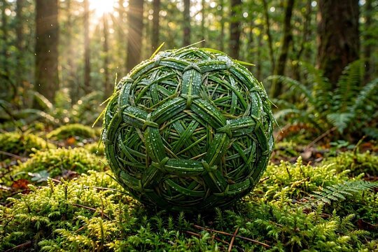 Creative eco-friendly photo of a conceptual soccer ball woven from green leaves for corporate sustainability reports and environmental sports campaigns