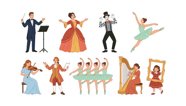 Classical theater and performing arts characters vector illustration bundle showing opera singers ballet dancers musician conductor mime and harpist
