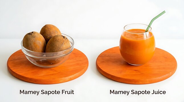 A pair of round wooden serving boards display fresh mamey sapote fruits and a glass of vibrant orange juice