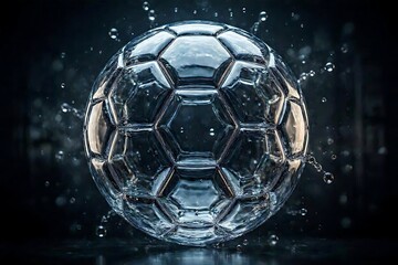Naklejka premium Stunning fluid 3d digital art of a soccer ball formed out of clear water splashes for refreshing beverage advertisements and summer sports flyers