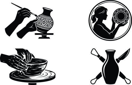 Handmade Pottery and Ceramic Craft Silhouette Icon Set for Artisan Studio Logo Designs