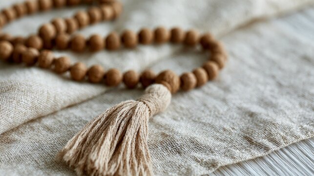 Close up of a natural wooden bead mala prayer necklace with a tassel on textured fabric