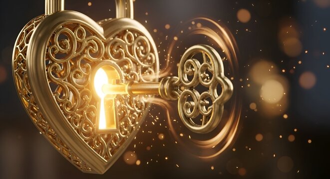 Ornate golden heart locket with a vintage key unlocking its secrets