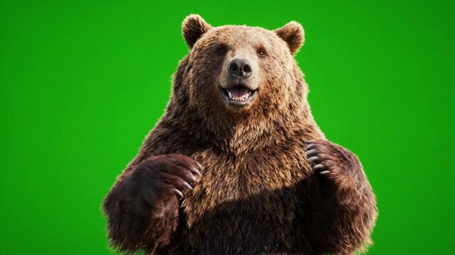 Brown bear waving hello isolated on green screen chroma key background, for easy compositing, and creative character, animation projects