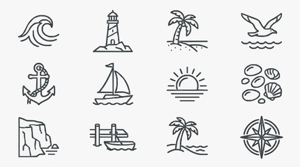 Minimalist Black and White Line Art Collection of Twelve Coastal and Seafaring Icons for Travel Adventure and Nautical Themes © Celin