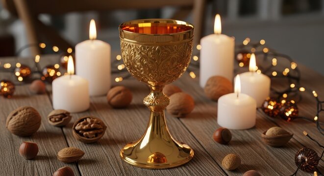Golden chalice cup with burning candles and walnuts on a dark wooden table top