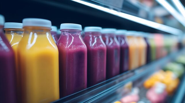 Supermarket refrigerated display shelves filled with colorful bottles of fresh smoothies and juices