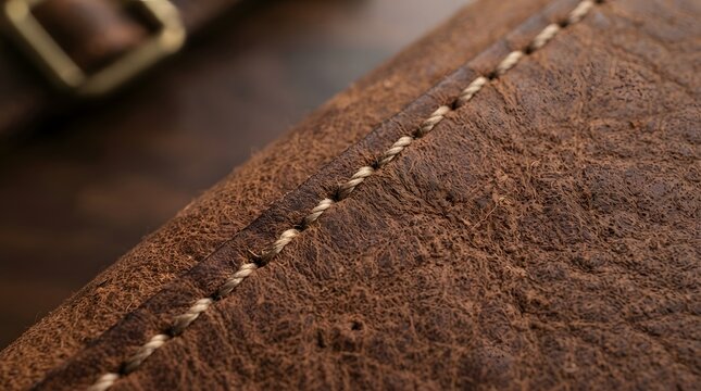 Brown leather texture with stitching detail closeup