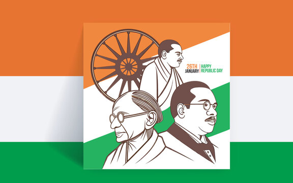 Republic day portraits of gandhi and ambedkar with ashoka chakra.