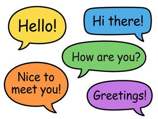 Colorful speech bubbles with friendly greetings and welcoming phrases on a white background © Tanjina Akter